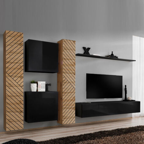 Ensemble Meuble TV "Switch Lamel VI" 330cm Noir & Naturel