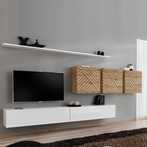 Ensemble Meuble TV "Switch Lamel VII" 340cm Blanc & Naturel