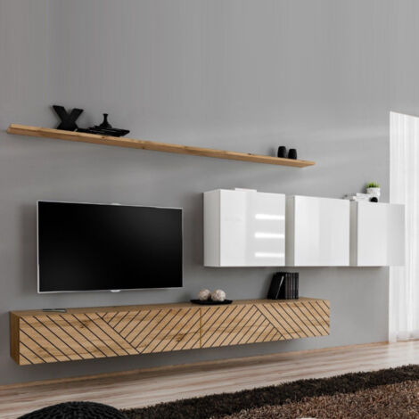 Ensemble Meuble TV "Switch Lamel VII" 340cm Naturel & Blanc