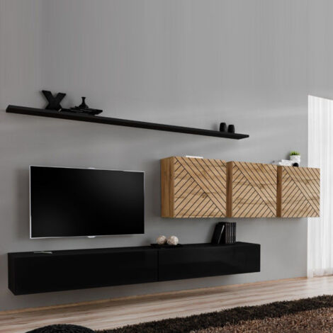Ensemble Meuble TV "Switch Lamel VII" 340cm Noir & Naturel
