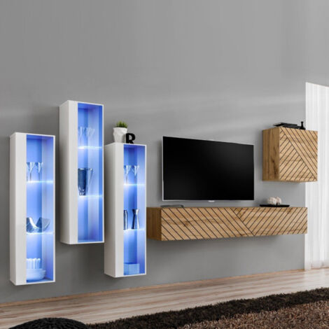 Ensemble Meuble TV "Switch Lamel XIII" 330cm Naturel & Blanc