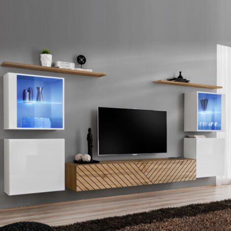 Ensemble Meuble TV "Switch Lamel XIV" 320cm Naturel & Blanc
