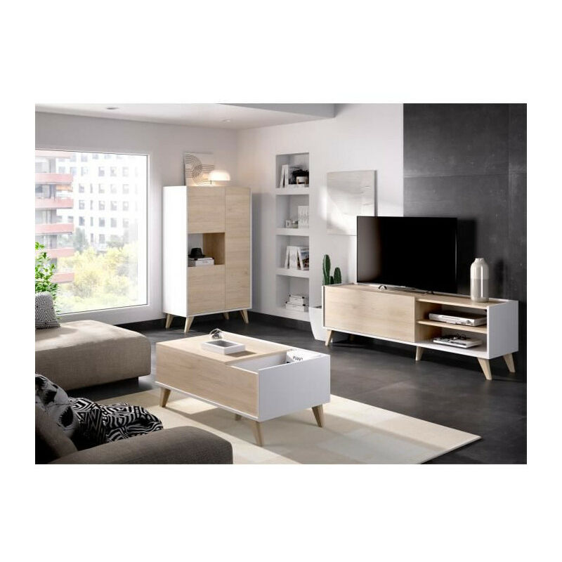 Ensemble meuble TV table basse buffet NESS - Mélaminé - Style scandinave - Chene et blanc