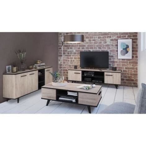 Ensemble meuble TV table basse buffet WAYNE – Mélaminé chêne brossé et noir – Style scandinave – Enfilade 3 portes et 3 niches – Demeyere