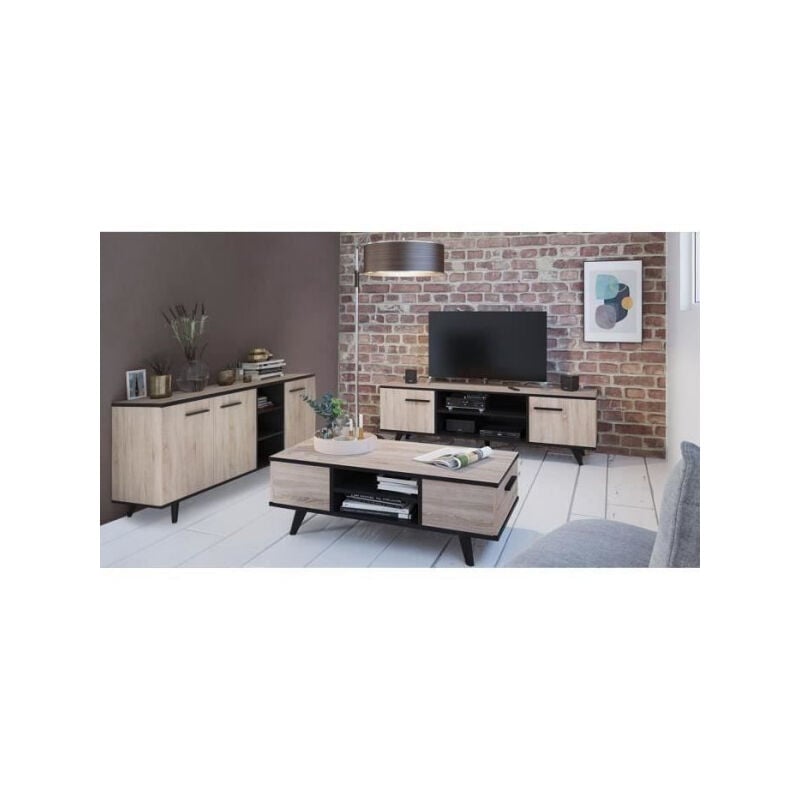 Ensemble meuble tv table basse buffet wayne - Mélaminé - Style scandinave - Chene brossé et noir