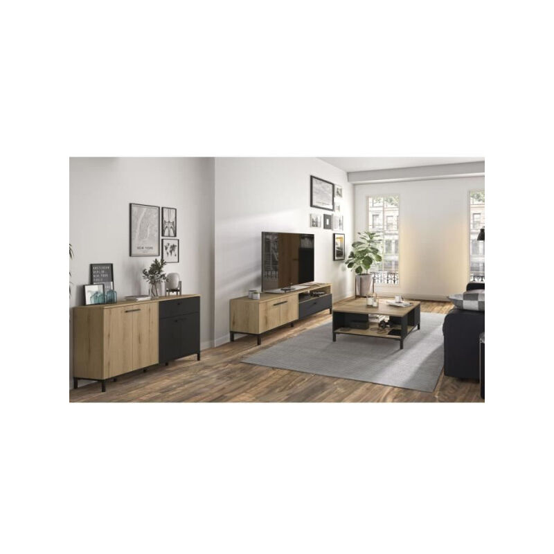 Ensemble meuble tv, table basse et buffet bas - trust - Chene / Noir Gami