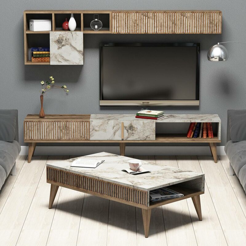 Cotecosy - Ensemble meuble Tv, table basse et étagère murale design Ribera Bois foncé et Effet marbre Blanc - Bois / Blanc