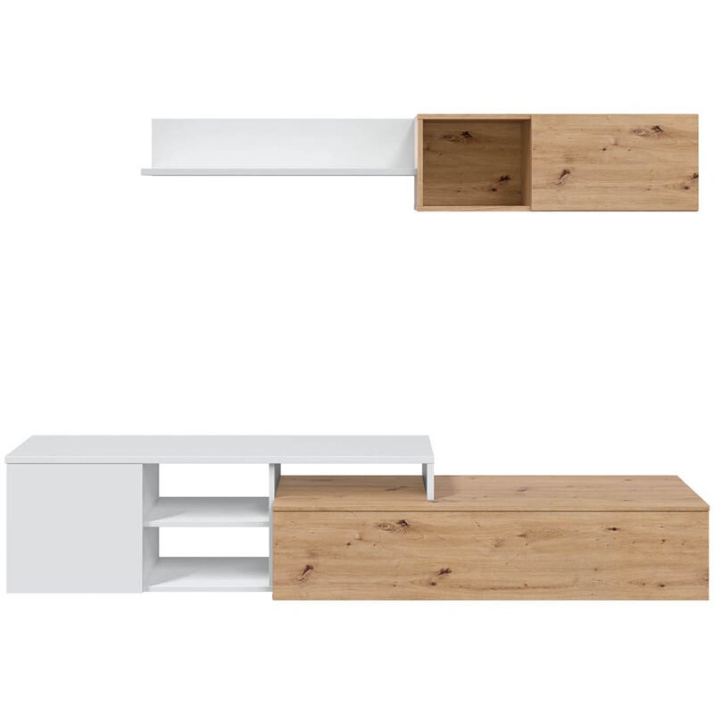 Ensemble meuble tv + étagère murale en mélamine coloris naturel blanc artik Pegane
