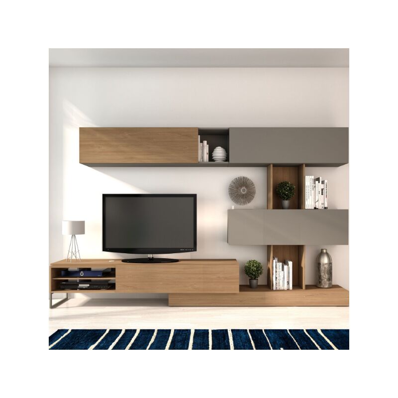 Paroi équipée porte tv 270 cm chêne et gris - Rio