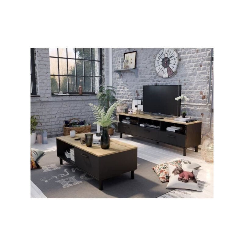 Ensemble Meuble TV+Table basse oxford - Style industriel - Mélaminé chene noir - Table Basse: L110 cm et Meuble Tv 159 cm