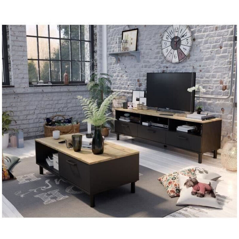 Ensemble Meuble TV+Table basse OXFORD - Style industriel - Mélaminé chene noir - Table Basse: L110xP55xH40 - Meuble Tv: L159xP