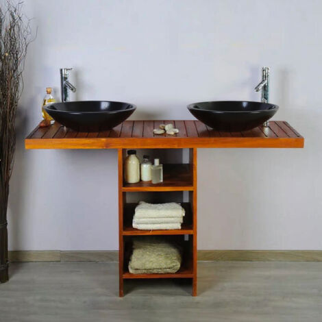 Ensemble meuble vasque et miroir salle de bain New Gempo 140 cm en bois teck naturel Taille - Meuble + 2 vasques