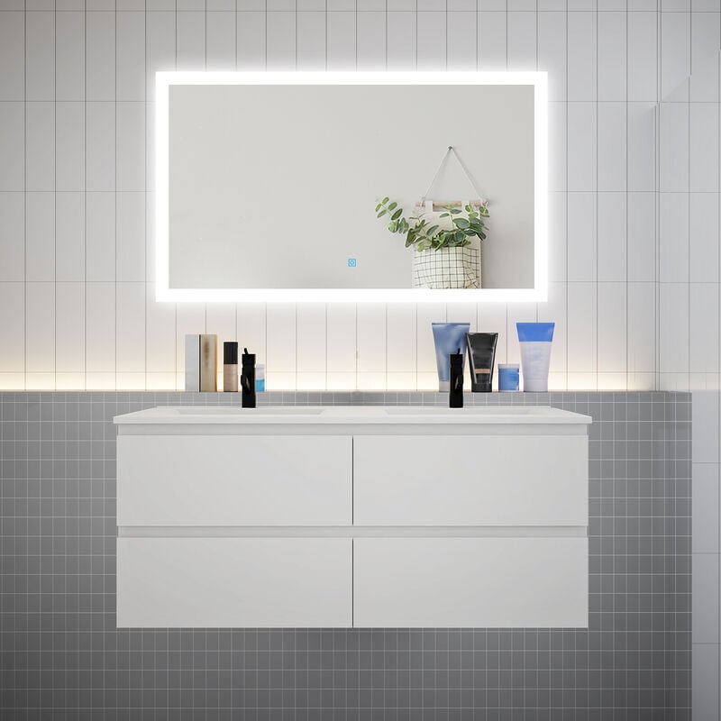 Aica Sanitaire - aica Ensemble meuble double vasque L.120cm blanc 4 tiroirs + led miroir + lavabo