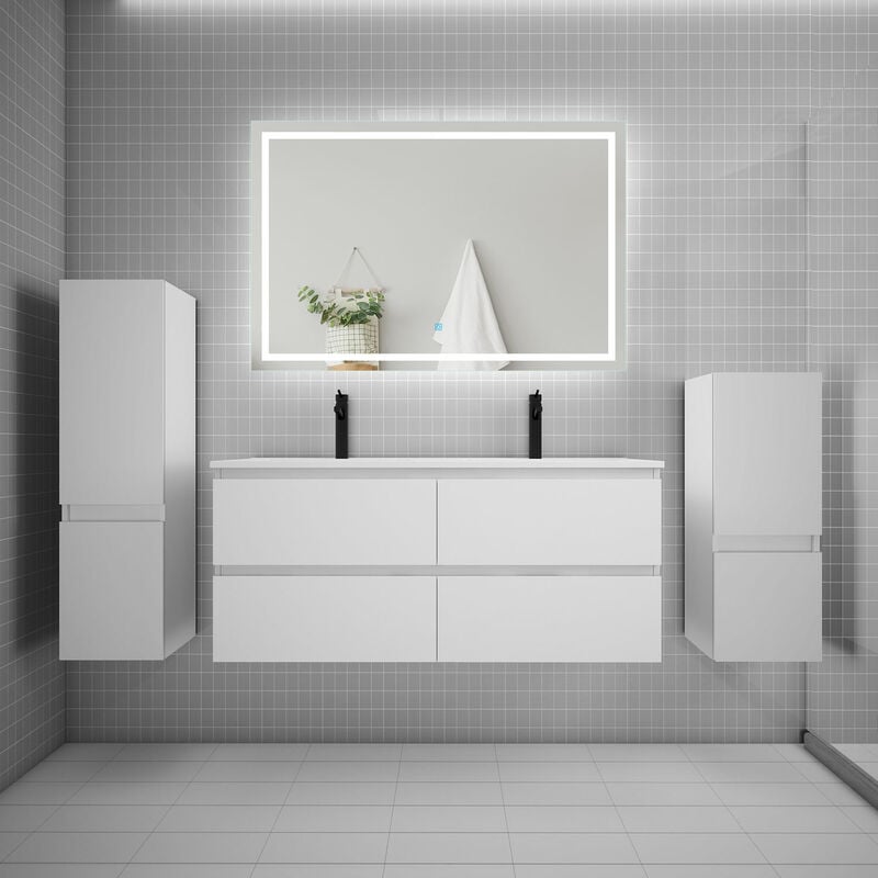 Aica Sanitaire - aica Ensemble meuble double vasque L.120cm + lavabo + led miroir + 2colonne blanc design