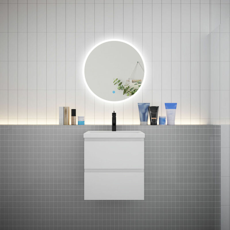 AICA Ensemble meuble vasque L.50cm 2 tiroirs + lavabo + LED miroir rond 60cm blanc