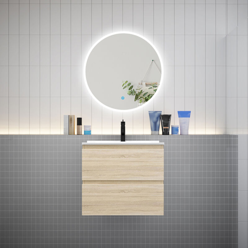 Aica Sanitaire - aica Ensemble meuble vasque L.60cm 2 tiroirs + lavabo + led miroir rond 70cm chêne