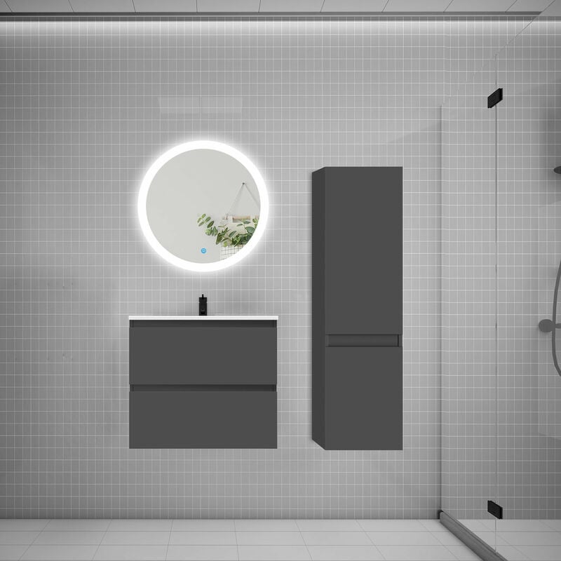 Aica Sanitaire - aica Ensemble meuble vasque L.60cm 2 tiroirs + lavabo + led miroir rond 60cm + colonne b anthracite aica