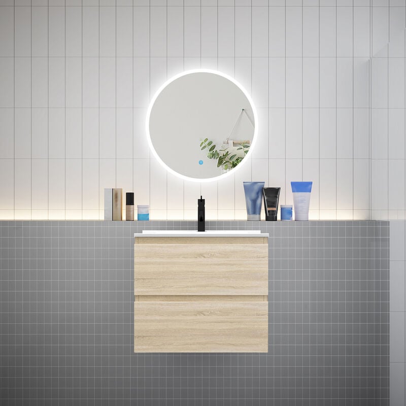 Aica Sanitaire - aica Ensemble meuble vasque L.60cm 2 tiroirs + lavabo + led miroir rond 60cm chêne