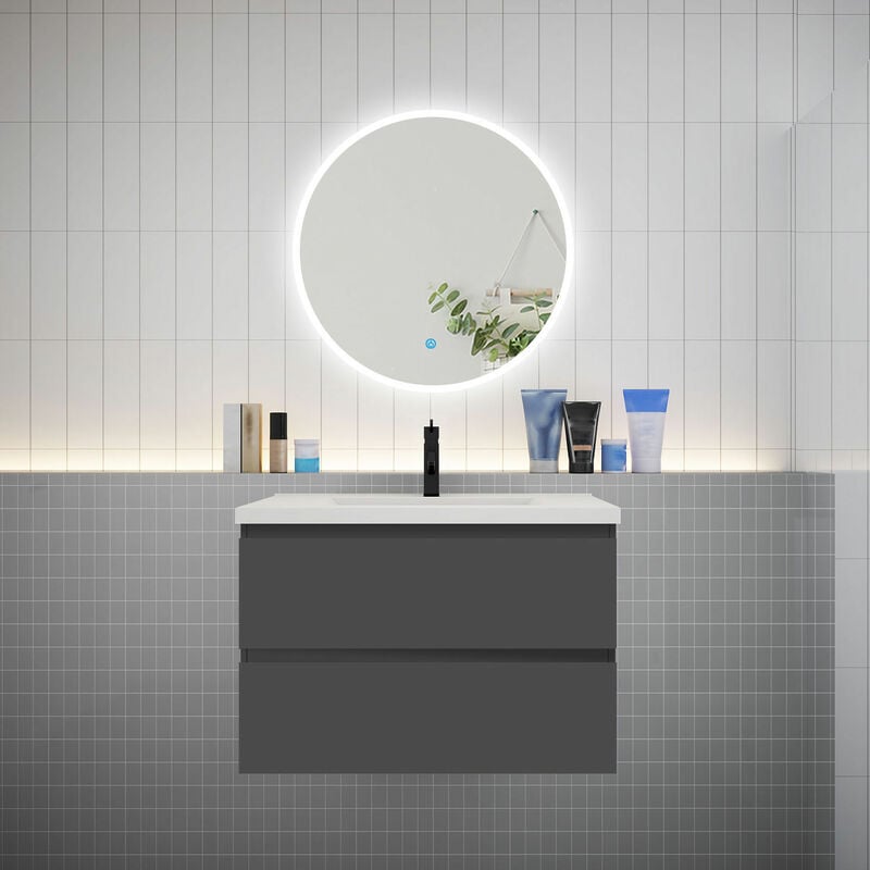 Aica Sanitaire - aica Ensemble meuble vasque L.79cm 2 tiroirs + lavabo + led miroir rond 70cm anthracite