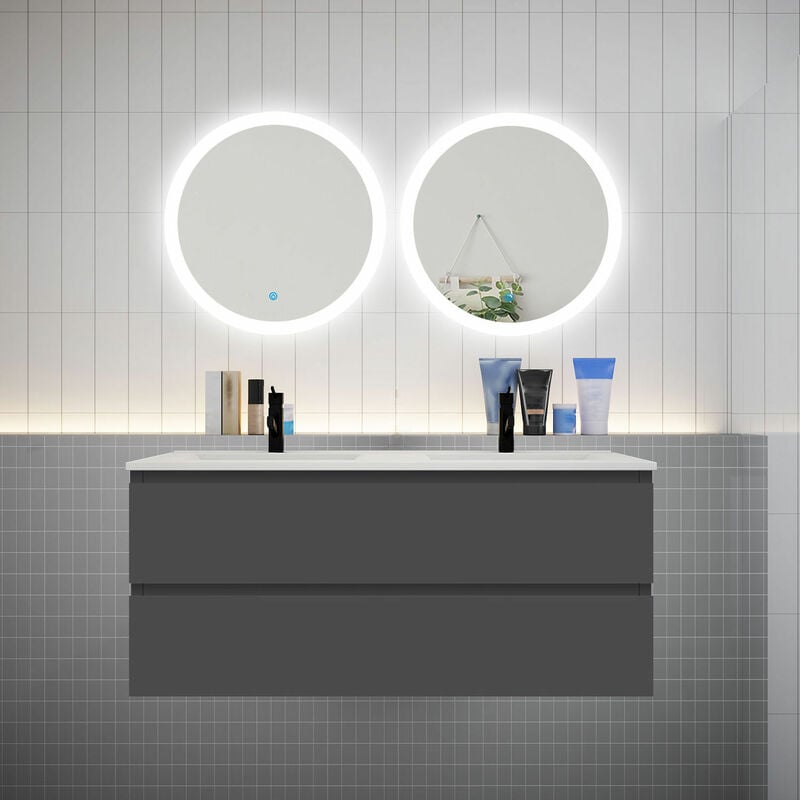 Aica Sanitaire - aica Ensemble meuble double vasque L.120cm 4 tiroirs + lavabo + 2 led miroirs rond 60cm anthracite1