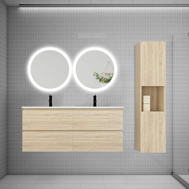 Ensemble meuble double vasque L.120cm 4 tiroirs + lavabo + 2LED miroirs rond 60cm + colonne c chêne aica - Aica Sanitaire