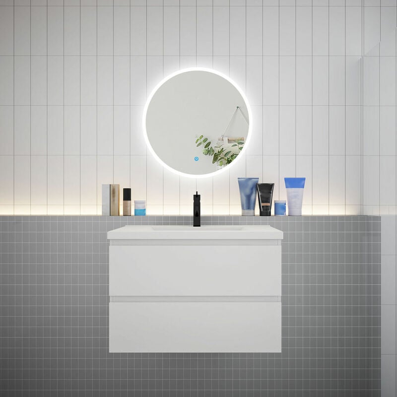 aica sanitaire - aica ensemble meuble vasque l.79cm 2 tiroirs + lavabo + led miroir rond 60cm blanc design