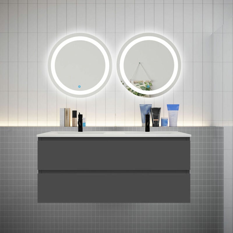 Aica Sanitaire - aica Ensemble meuble double vasque L.120cm 4 tiroirs + lavabo + 2 led miroirs rond 60cm anthracite a