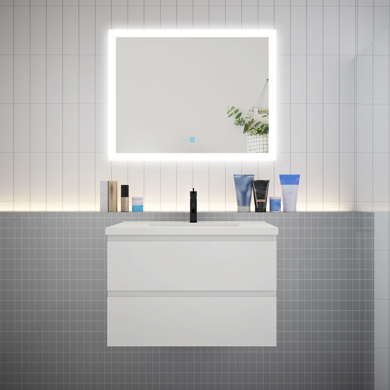 Aica Sanitaire - aica Ensemble meuble vasque L.79cm blanc 2 tiroirs + led miroir + lavabo