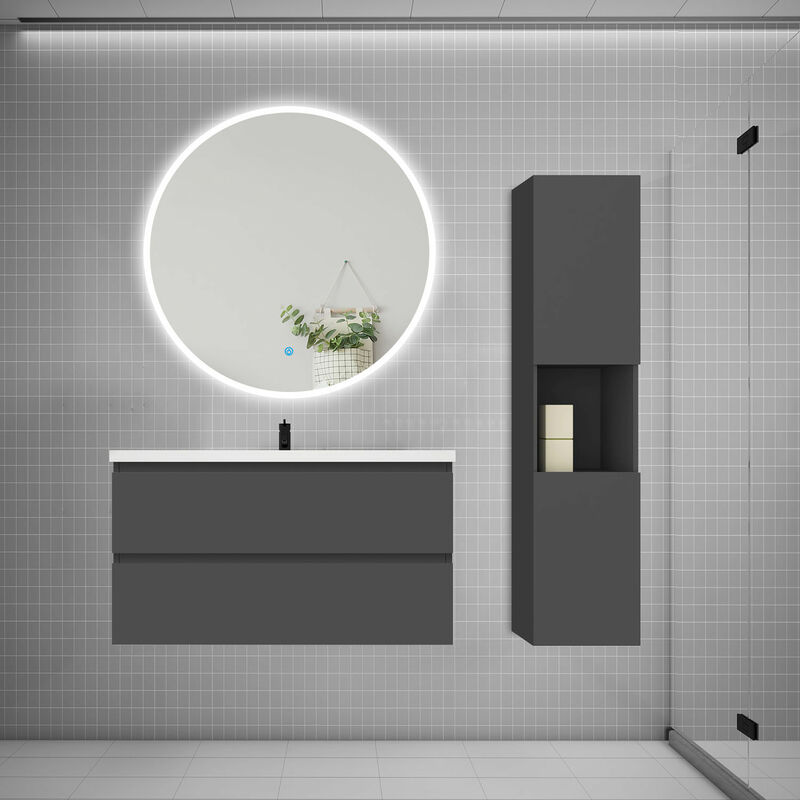 Aica Sanitaire - Ensemble meuble vasque l 99cm 2 tiroirs + lavabo + led miroir rond 100cm + colonne anthracite