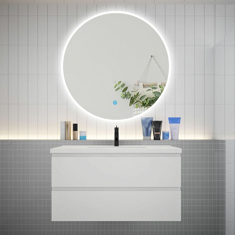 Aica Sanitaire - aica Ensemble meuble vasque L.99cm 2 tiroirs + lavabo + led miroir rond 100cm blanc easy