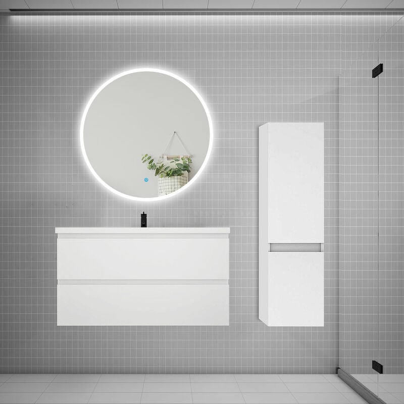 Aica Sanitaire - aica Ensemble meuble vasque L.99cm 2 tiroirs + lavabo + led miroir rond 90cm + colonne a blanc