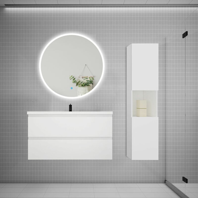 Aica Sanitaire - Ensemble meuble vasque l 99cm 2 tiroirs + lavabo + led miroir rond 90cm + colonne blanc