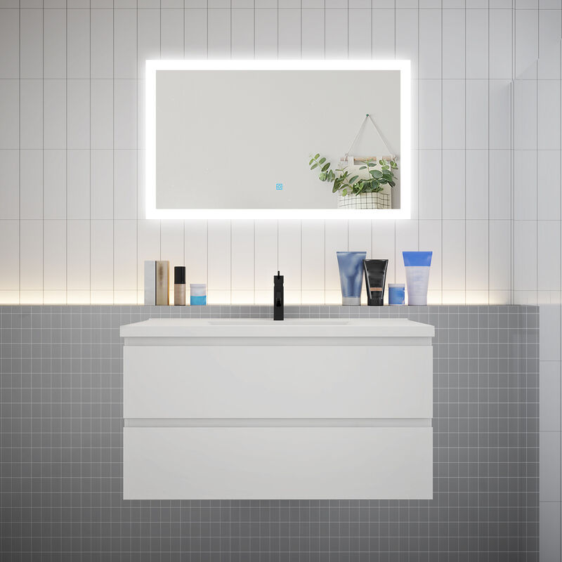Aica Sanitaire - aica Ensemble meuble vasque L.99cm blanc 2 tiroirs + led miroir + lavabo