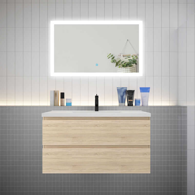 AICA Ensemble meuble vasque L.99cm chêne 2 tiroirs + led miroir + lavabo