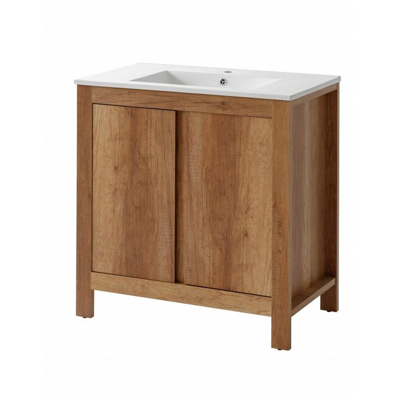Ac-Deco – Ensemble meuble vasque salle de bain 80 cm – Bois chêne romanesque – 2 portes coulissantes – Vasque céramique blanche 46x26 cm