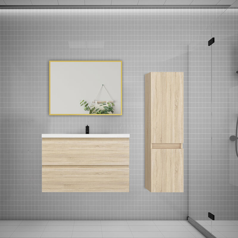 Biubiubath - Ensemble meuble Chêne et vasque L.79cm 2 tiroirs + colonne haut + lavabo + miroir-suspendu