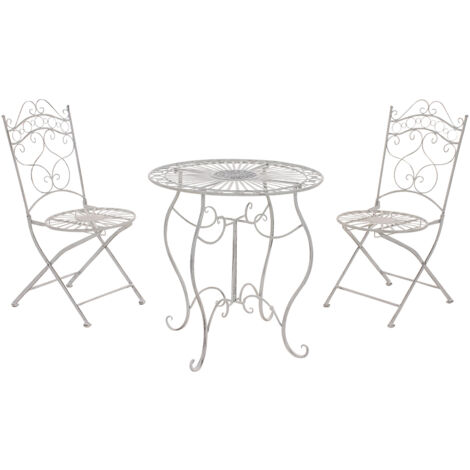 Ensemble meubles de jardin avec 1 table et 2 chaises style rustique en métal blanc vieilli 100002987