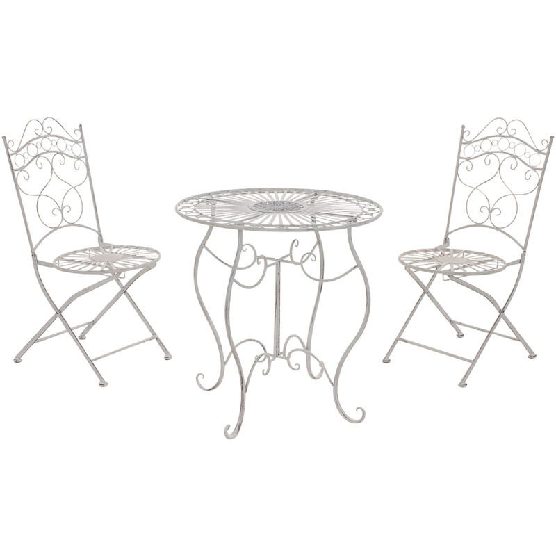 Ensemble meubles de jardin avec 1 table et 2 chaises style rustique en métal blanc vieilli 100002987