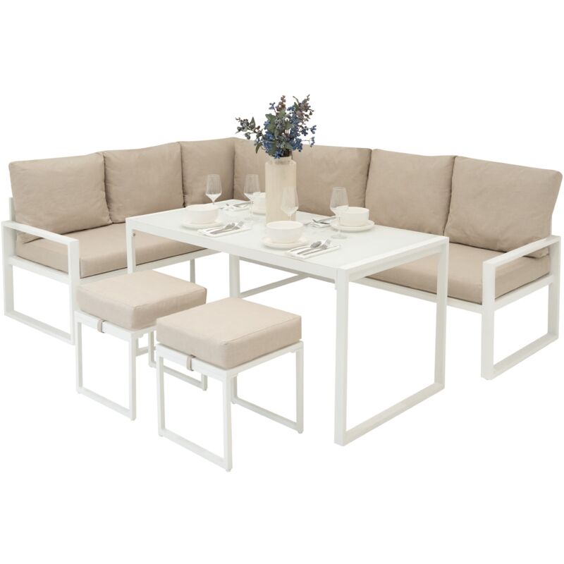 Ensemble Meubles de Jardin En Aluminium Blanc 7 Places Salon Extérieur Modulaire En Forme de l Table Avec Plateau En Verre Tabourets Coussins