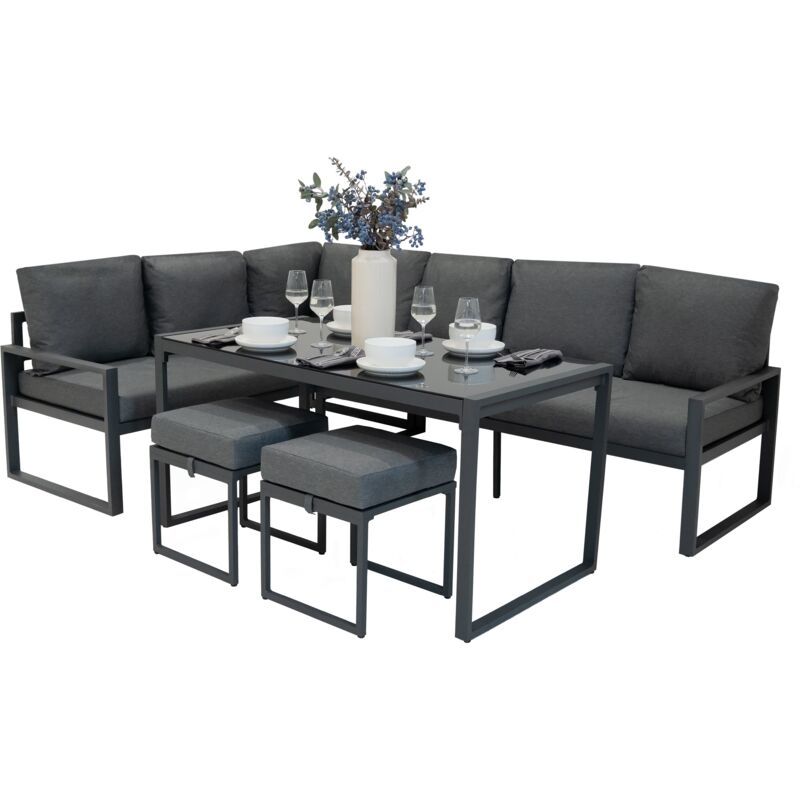 Ensemble de meubles de jardin en aluminium gris anthracite 7 places – Canapé d'angle modulaire en L – Table en verre trempé – Housse imperméable