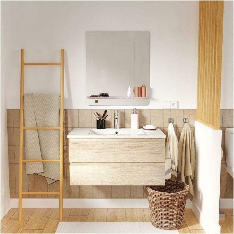 Ensemble meuble simple vasque décor chêne 80cm + vasque + robinet + miroir