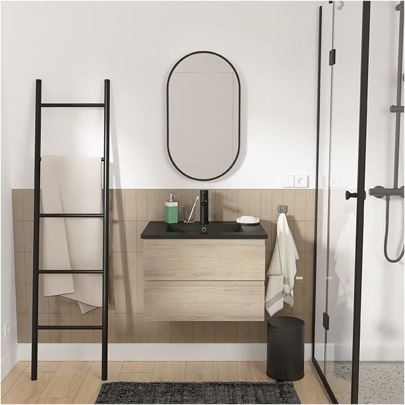 Mob-in - Ensemble meuble simple vasque décor chêne 60cm + vasque noire + robinet + miroir