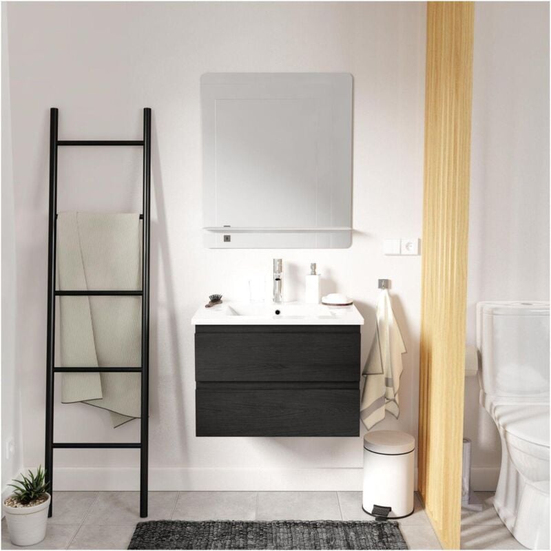 Ensemble meuble simple vasque décor chêne carbone 60cm + vasque + miroir + robinet