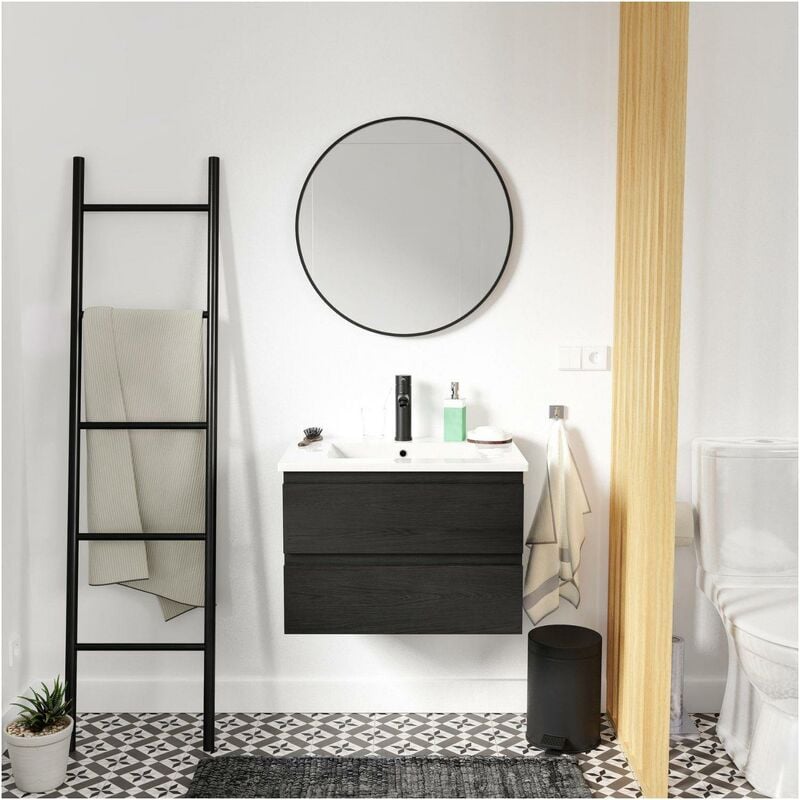 Ensemble meuble simple vasque décor chêne carbone 60cm + vasque + robinet + miroir