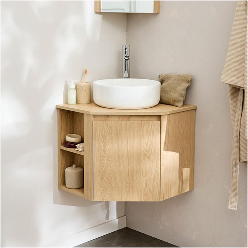 Mob-in - Ensemble meuble sous vasque d'angle + vasque diego blanche + robinet tap