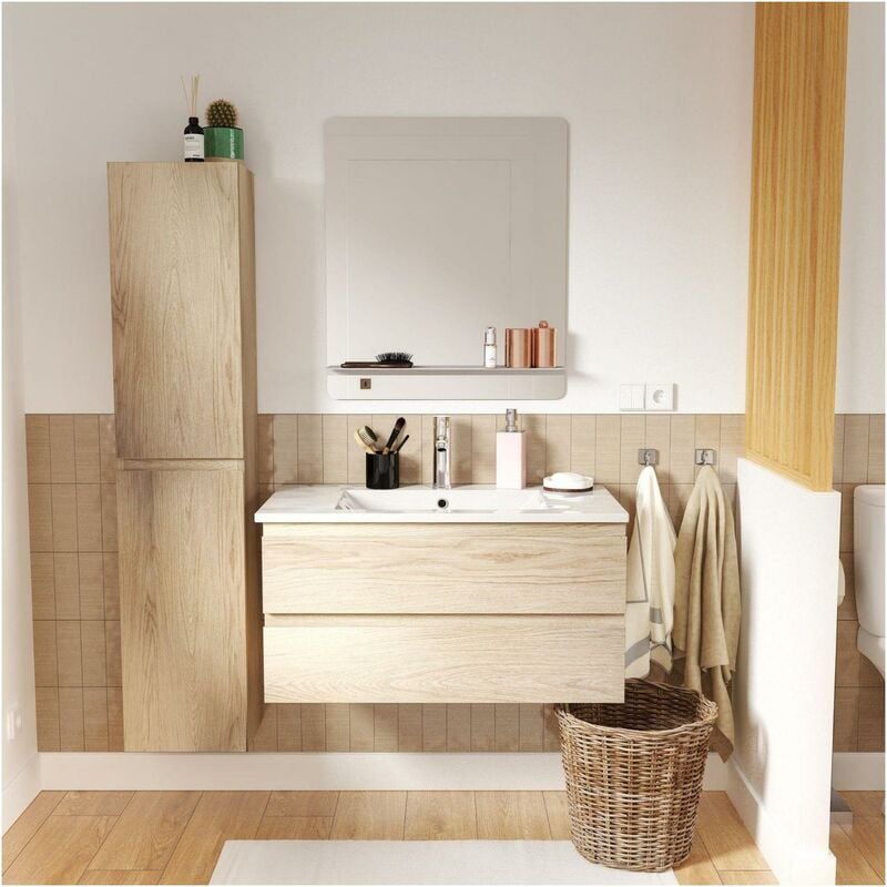 Mob-in - Ensemble meuble simple vasque 80cm décor chêne + vasque + robinet + miroir + colonne
