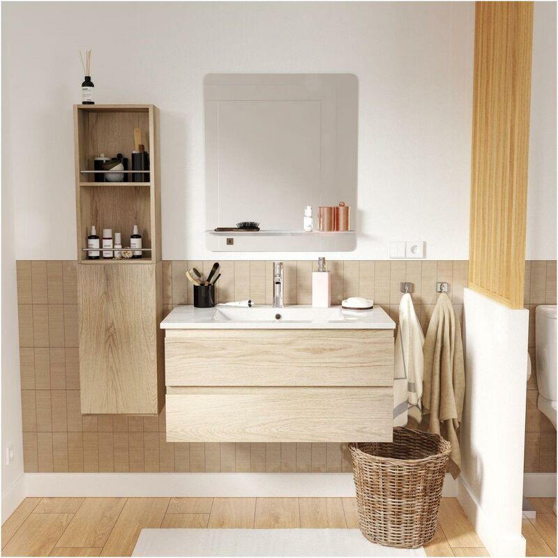 Mob-in - Ensemble meuble simple vasque décor chêne 80cm + vasque + robinet + miroir + colonne
