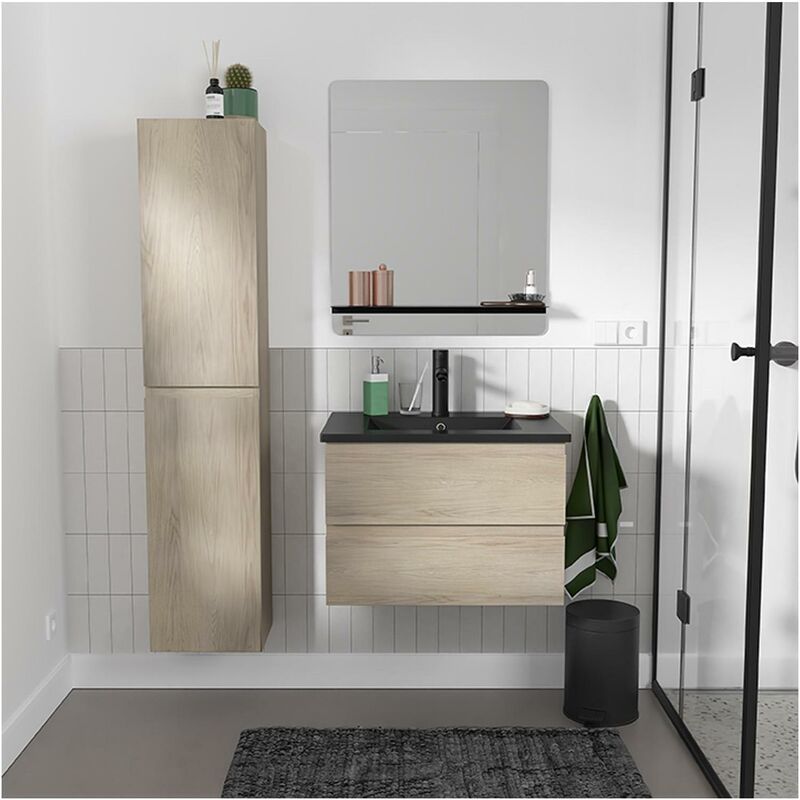 Mob-in - Ensemble meuble simple vasque 60cm décor chêne + vasque noire + robinet + miroir + colonne