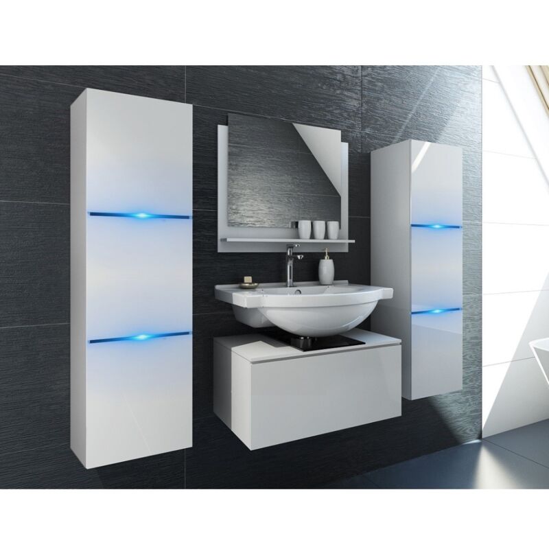 Meublorama - Ensemble meubles de salle de bain blanc collection owl. 2 Colonnes, meuble sous vasque, miroir