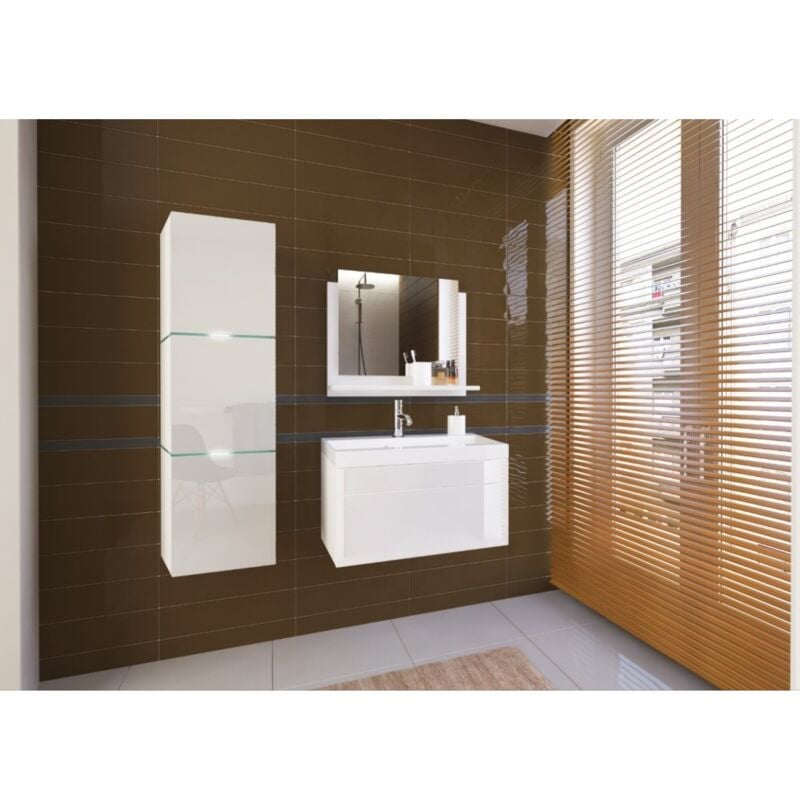 Meublorama - Ensemble meubles de salle de bain blanc collection owl, colonne, meuble sous vasque 60 cm, miroir, siphon et LEDs